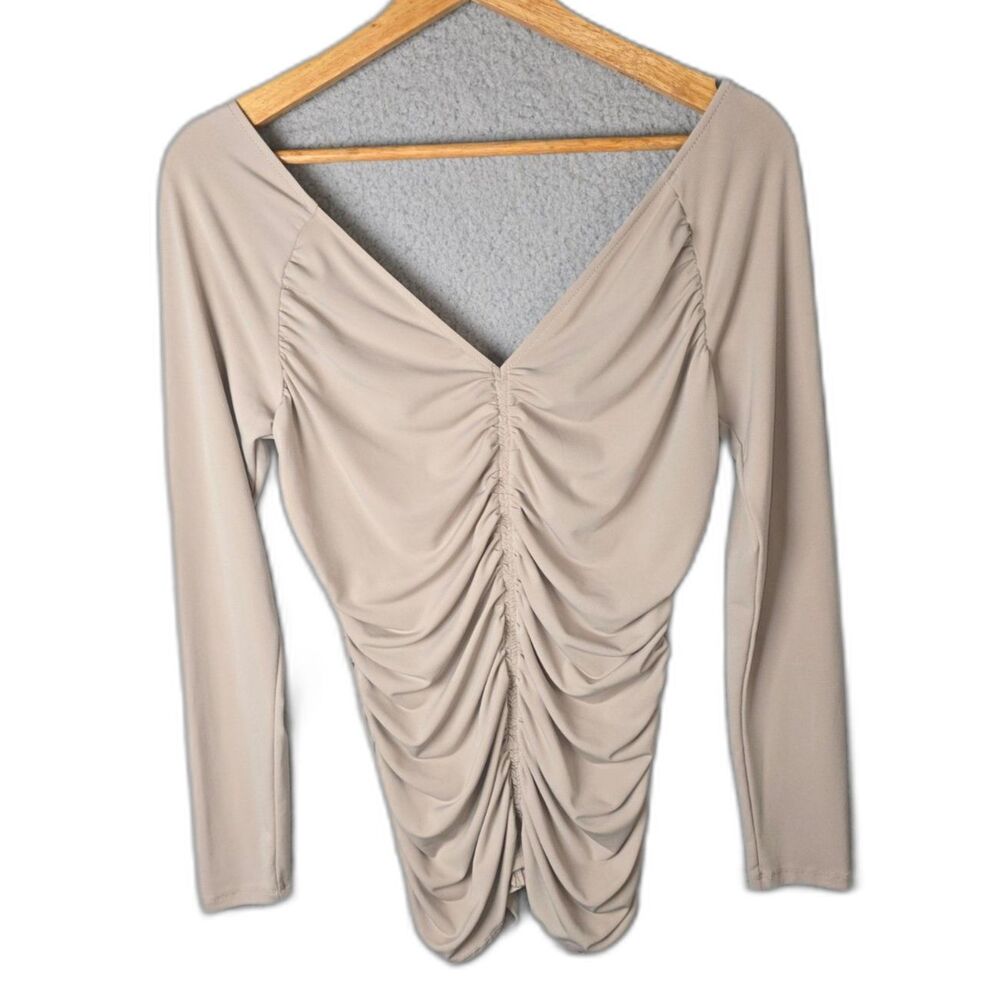 GUESS Taupe Ruched V Neck Long Sleeve Fitted Top Large Back Zip